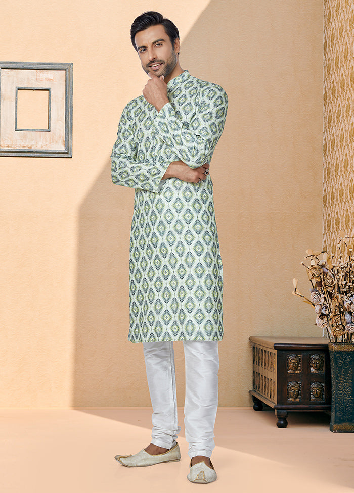 2 Pc Green Dupion Silk Kurta And Pajama Set - Indian Silk House Agencies