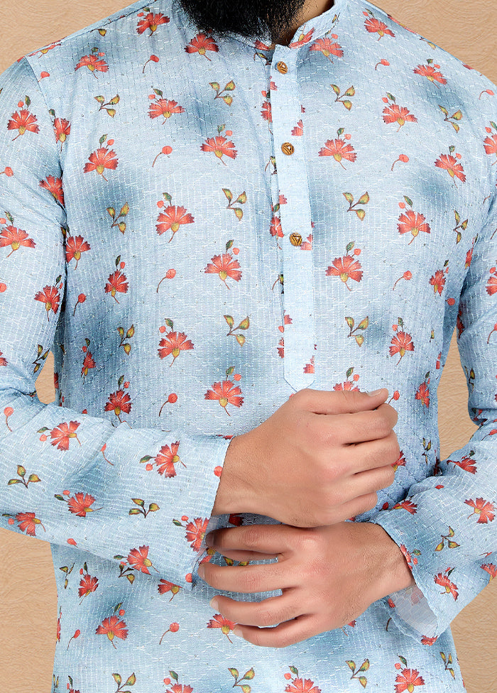 2 Pc Blue Dupion Silk Kurta And Pajama Set - Indian Silk House Agencies