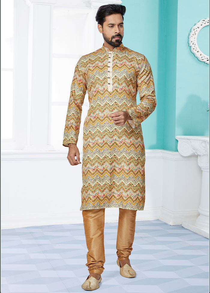 2 Pc Cream Dupion Silk Kurta And Pajama Set - Indian Silk House Agencies