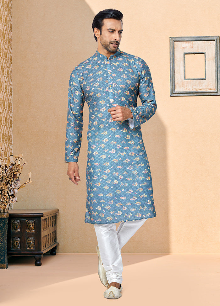 2 Pc Blue Dupion Silk Kurta And Pajama Set - Indian Silk House Agencies