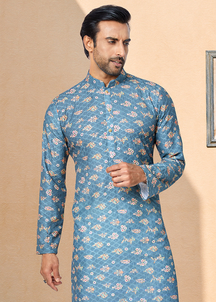 2 Pc Blue Dupion Silk Kurta And Pajama Set - Indian Silk House Agencies