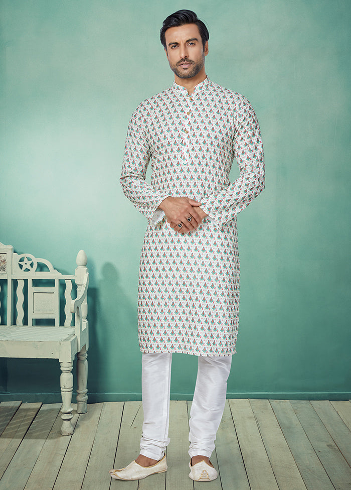 2 Pc White Dupion Silk Kurta And Pajama Set - Indian Silk House Agencies