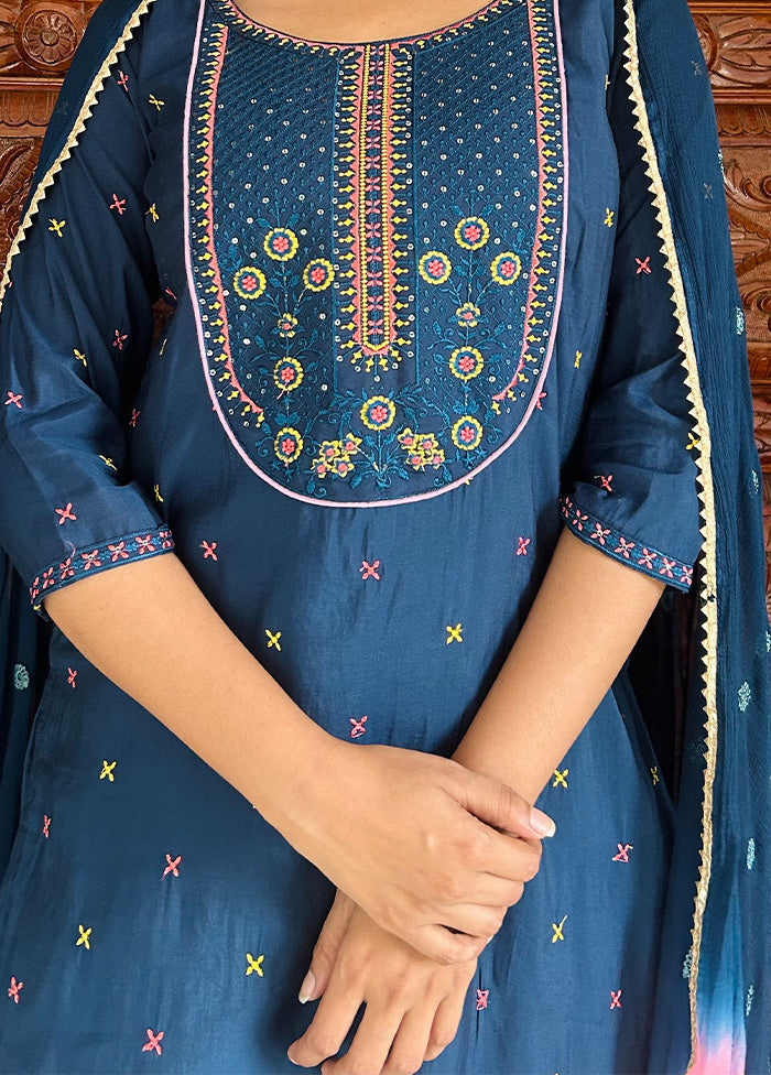 3 Pc Blue Readymade Viscose Suit Set - Indian Silk House Agencies
