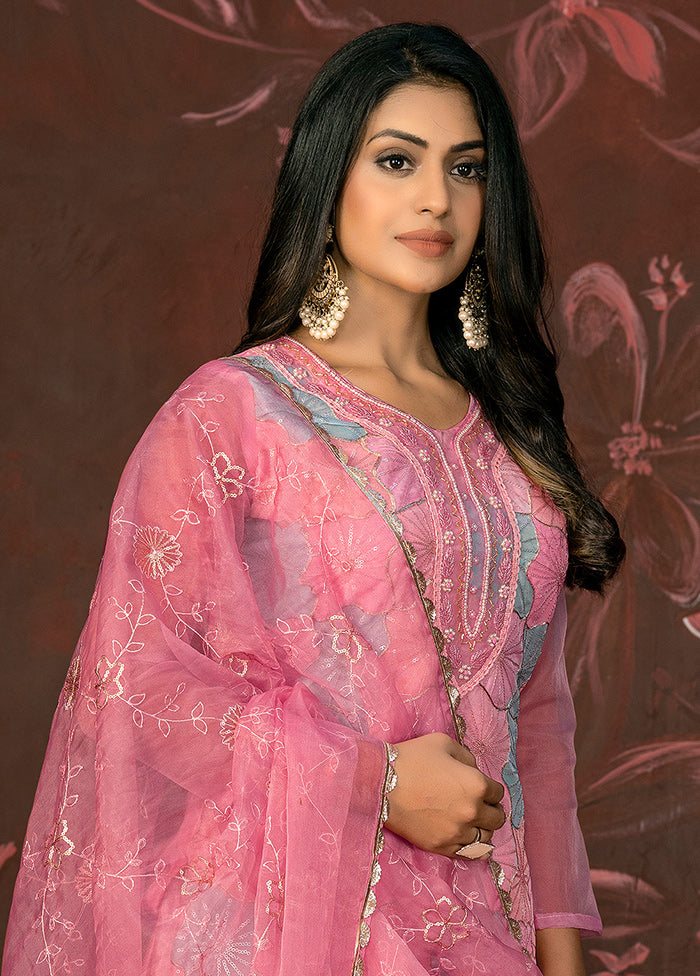 3 Pc Pink Unstitched Net Suit Set - Indian Silk House Agencies