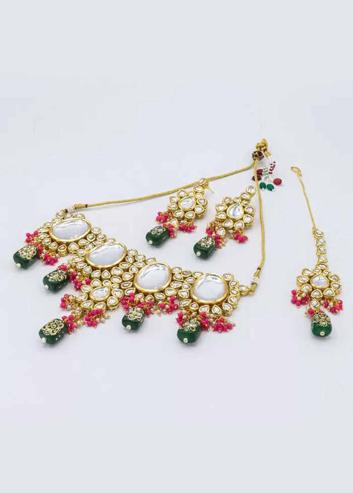 Bottle Green Beaded Kundan Choker Set With Mangtika - Indian Silk House Agencies