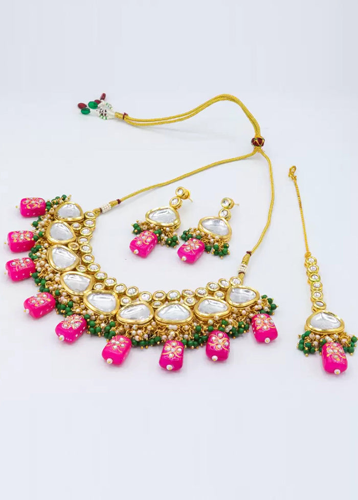 Rani Pink Beaded Kundan Choker Set With Mangtika - Indian Silk House Agencies