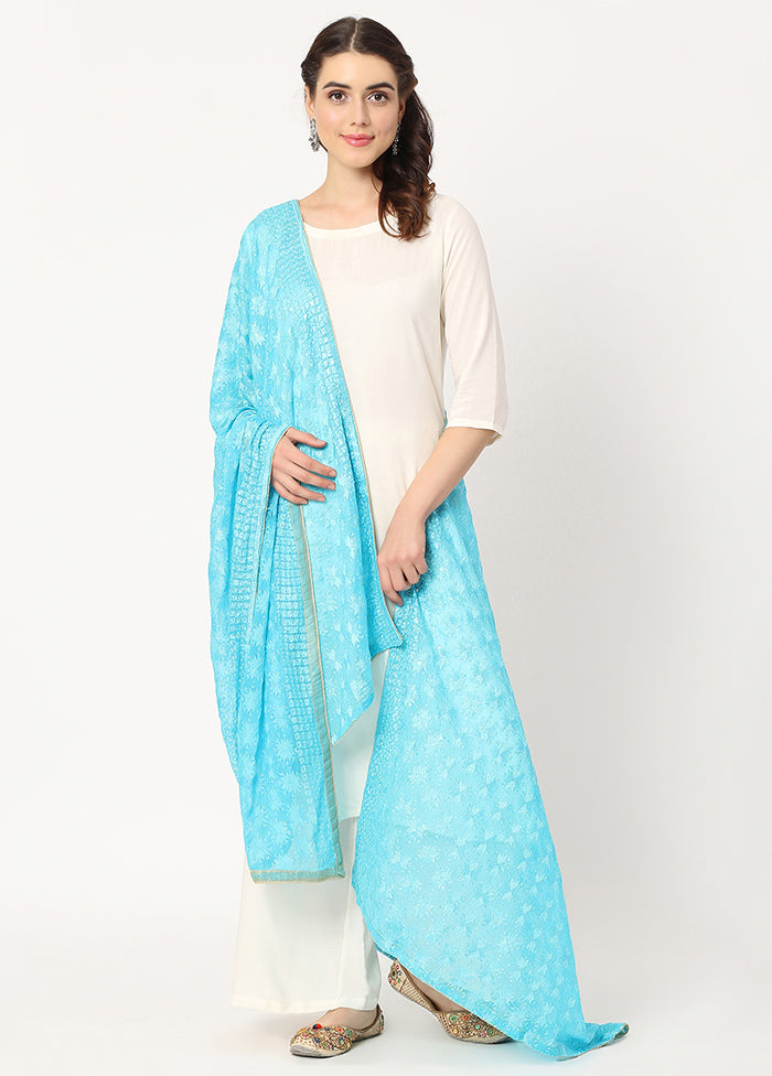 Dark Blue Chiffon Phulkari Embroidered Work Dupatta - Indian Silk House Agencies