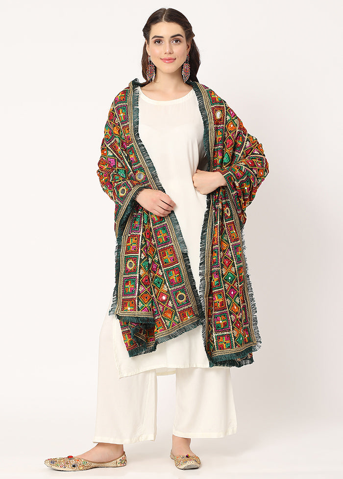 Green Chiffon Phulkari Embroidered Work Dupatta - Indian Silk House Agencies