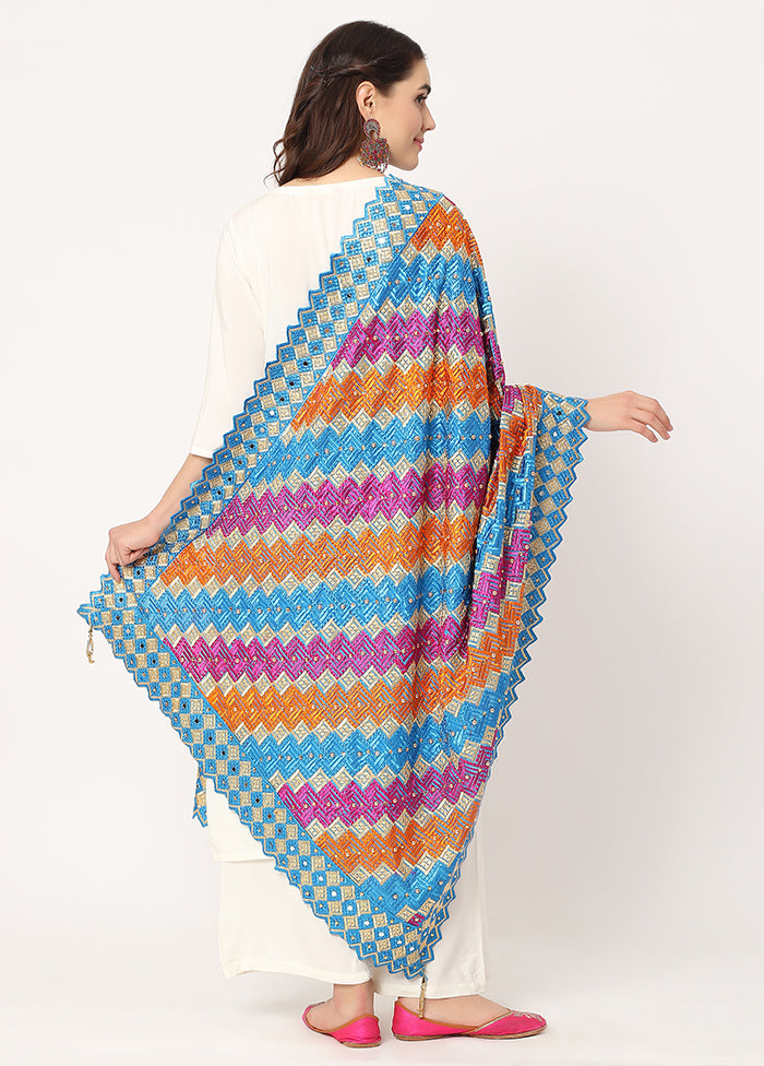 Blue Chiffon Phulkari Embroidered Work Dupatta - Indian Silk House Agencies