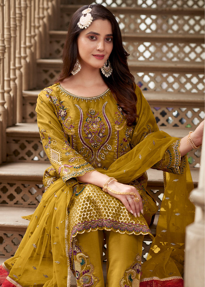 3 Pc Yellow Readymade Organza Suit Set - Indian Silk House Agencies