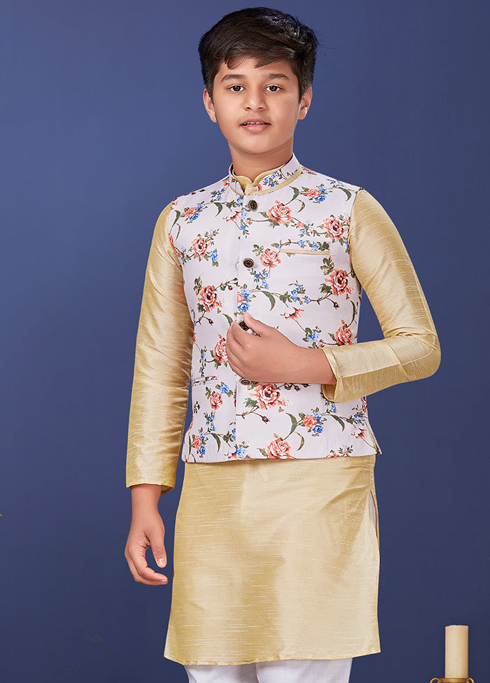 Beige Zari Woven Kurta Pajama With Jacket Set With Jacket - Indian Silk House Agencies