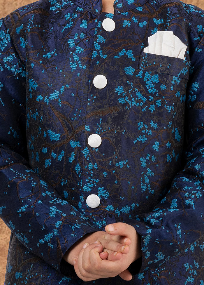 2 Pc Dark Blue Jacquard Silk Kurta Dhoti Set - Indian Silk House Agencies