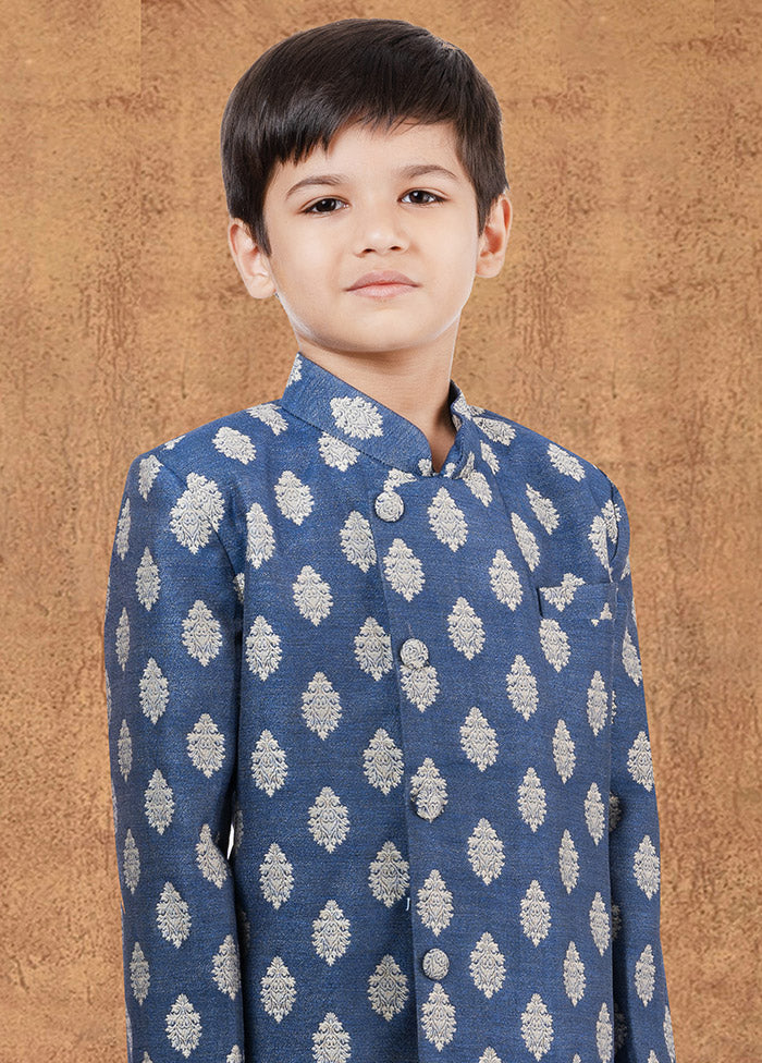 2 Pc Blue Jacquard Silk Kurta Dhoti Set - Indian Silk House Agencies