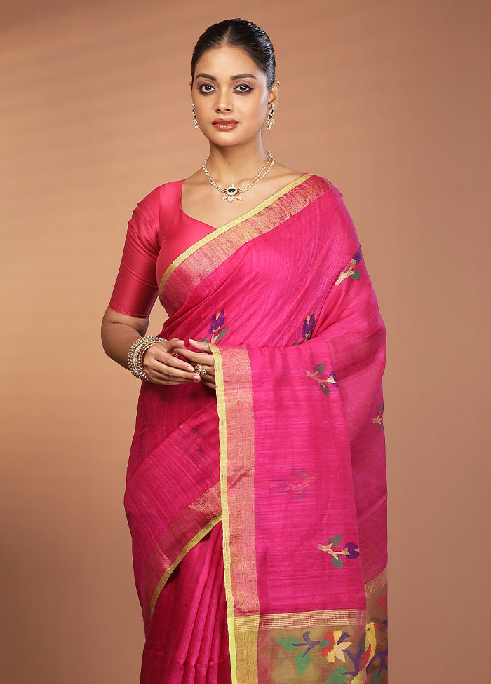 Pink Handloom Matka Pure Silk Saree With Blouse Piece