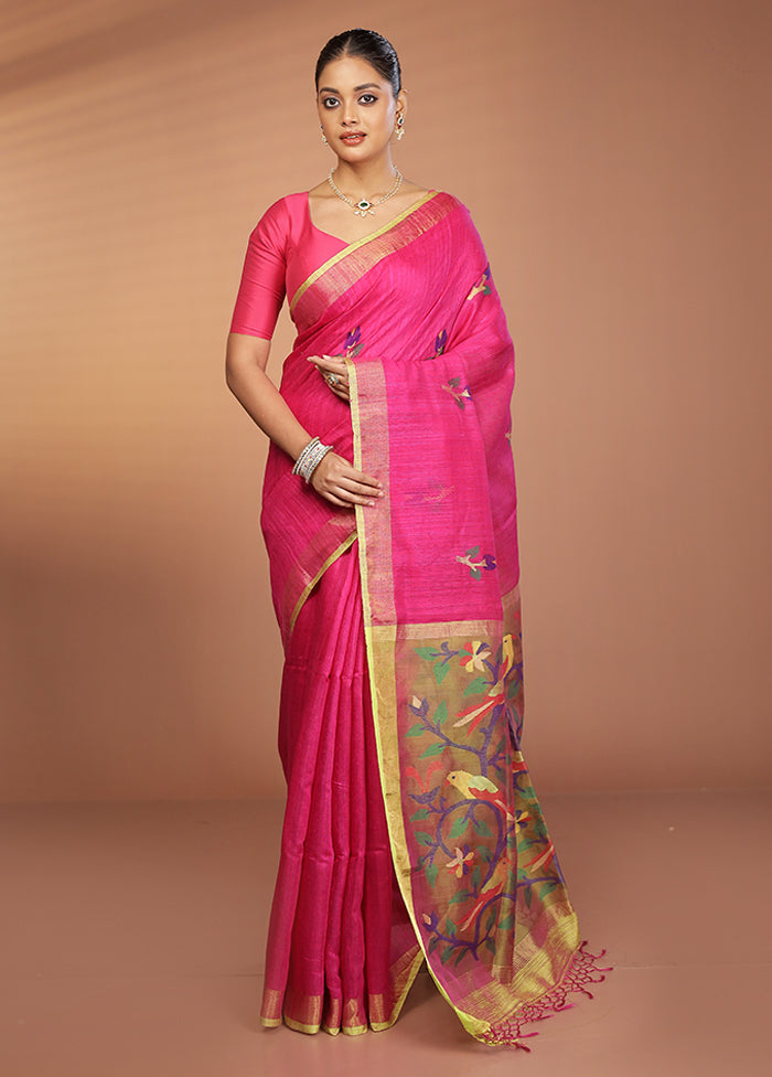 Pink Handloom Matka Pure Silk Saree With Blouse Piece