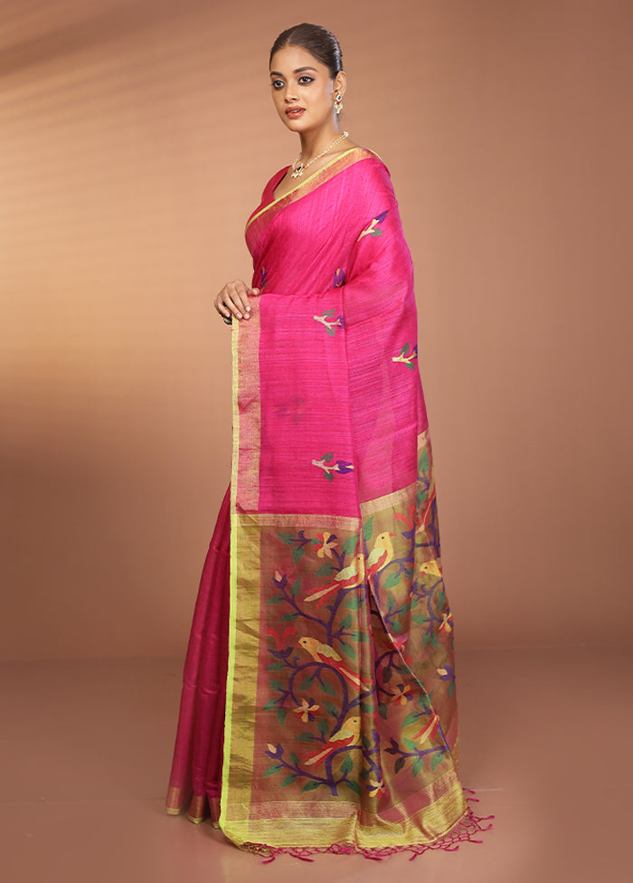 Pink Handloom Matka Pure Silk Saree With Blouse Piece
