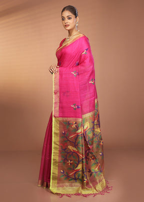 Pink Handloom Matka Pure Silk Saree With Blouse Piece