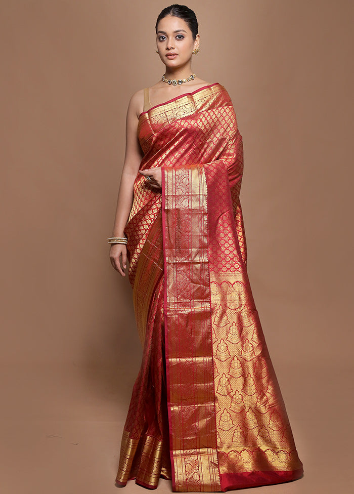 Pink Handloom Kanjivaram Pure Silk Saree With Blouse Piece