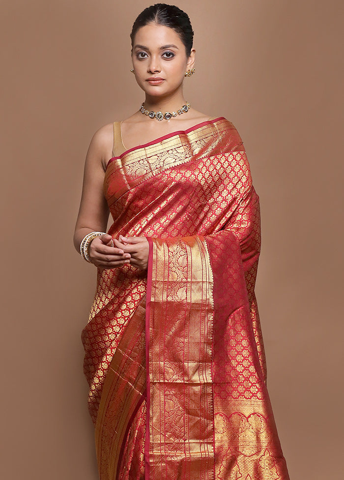 Pink Handloom Kanjivaram Pure Silk Saree With Blouse Piece