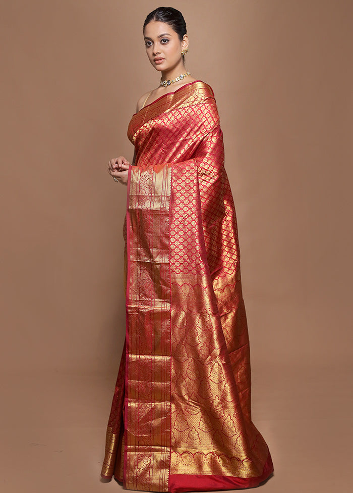 Pink Handloom Kanjivaram Pure Silk Saree With Blouse Piece