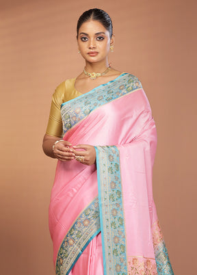 Pink Handloom Banarasi Pure Silk Saree With Blouse Piece