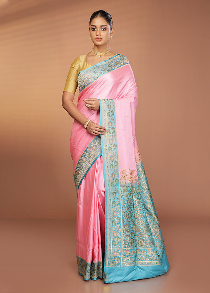 Pink Handloom Banarasi Pure Silk Saree With Blouse Piece