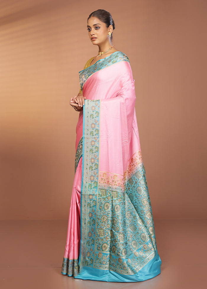 Pink Handloom Banarasi Pure Silk Saree With Blouse Piece
