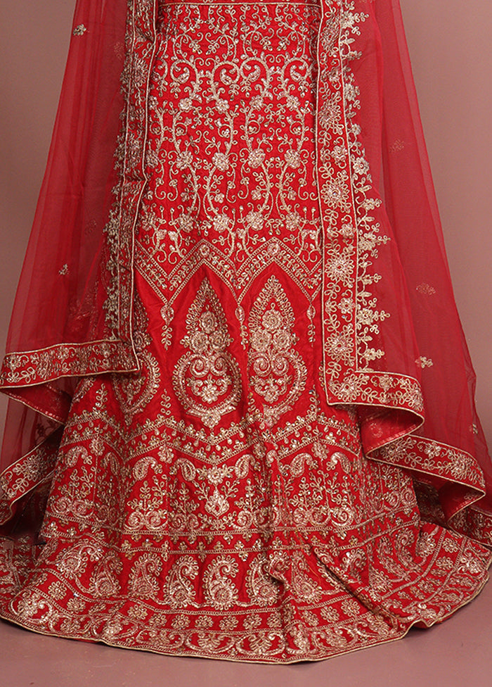 Red Blended Silk Dupatta Lehenga Set