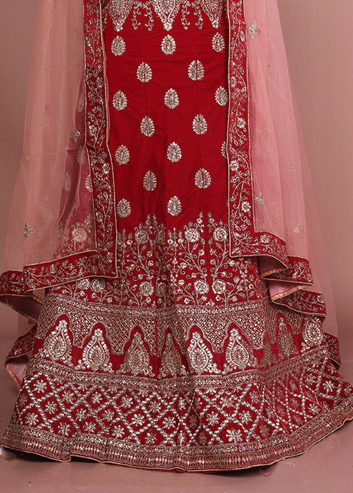 Red Blended Silk Dupatta Lehenga Set