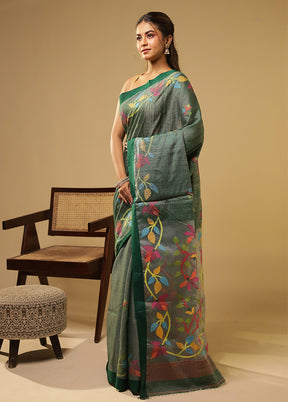 Green Handloom Matka Pure Silk Saree With Blouse Piece