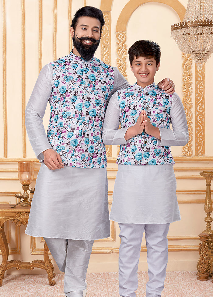 3 Pc Multicolor Dupion Silk Father And Son Combo