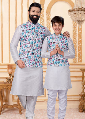 3 Pc Multicolor Dupion Silk Father And Son Combo
