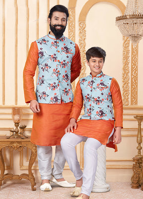 3 Pc Multicolor Dupion Silk Father And Son Combo