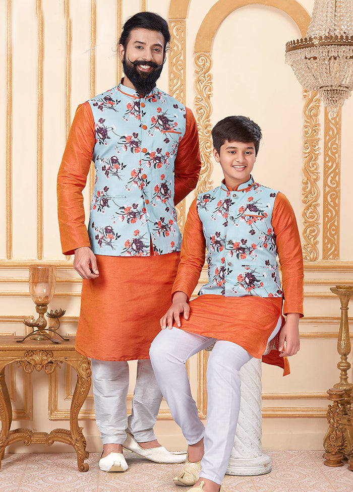 3 Pc Multicolor Dupion Silk Father And Son Combo