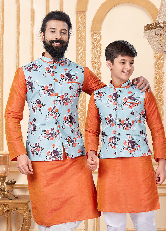 3 Pc Multicolor Dupion Silk Father And Son Combo