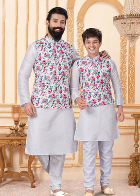 3 Pc Multicolor Dupion Silk Father And Son Combo