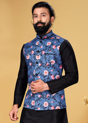 3 Pc Multicolor Silk Kurta Pajama with Jacket Set