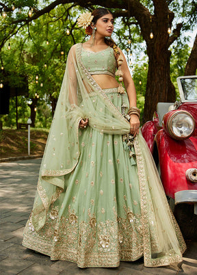 Green Blended Silk Dupatta Lehenga Set