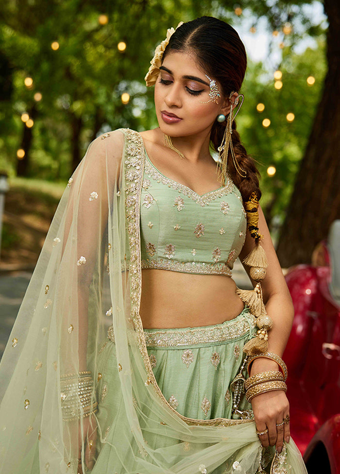 Green Blended Silk Dupatta Lehenga Set