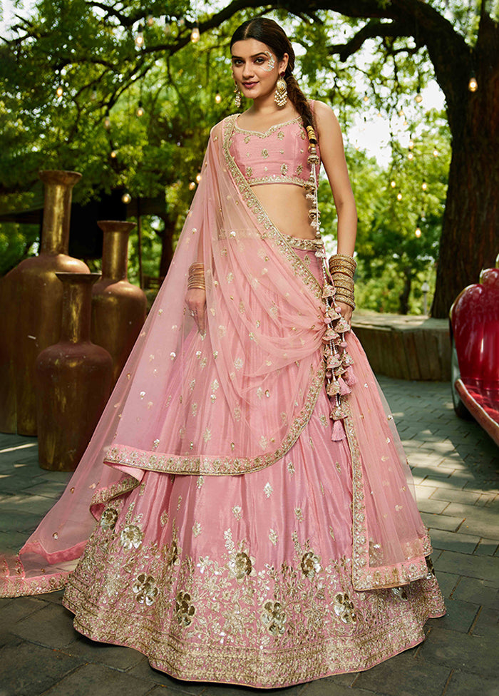 Pink Blended Silk Dupatta Lehenga Set