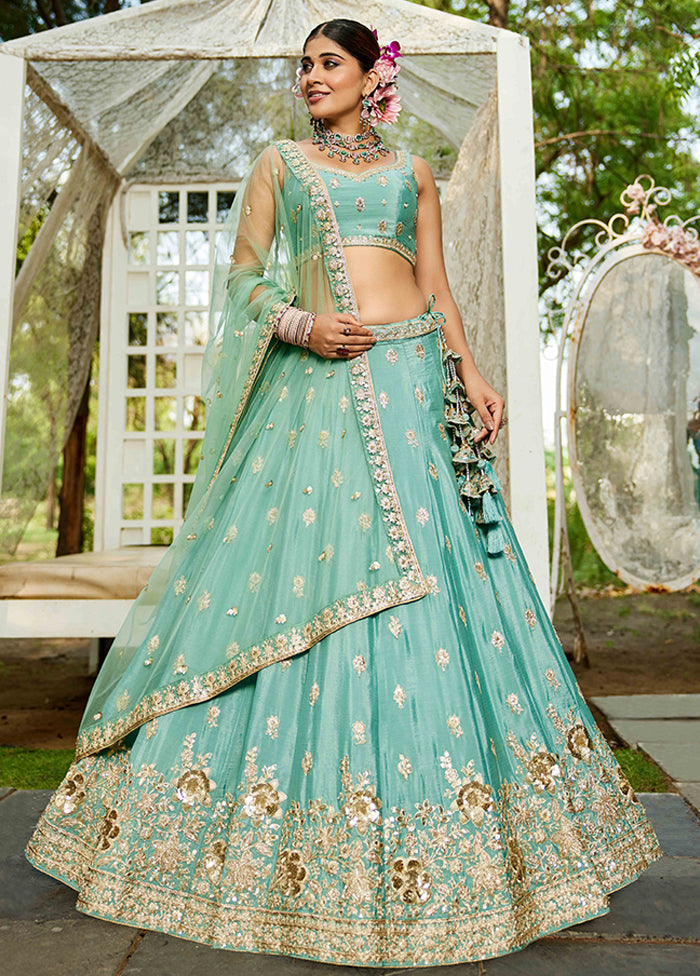 Green Blended Silk Dupatta Lehenga Set