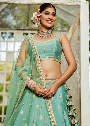 Green Blended Silk Dupatta Lehenga Set