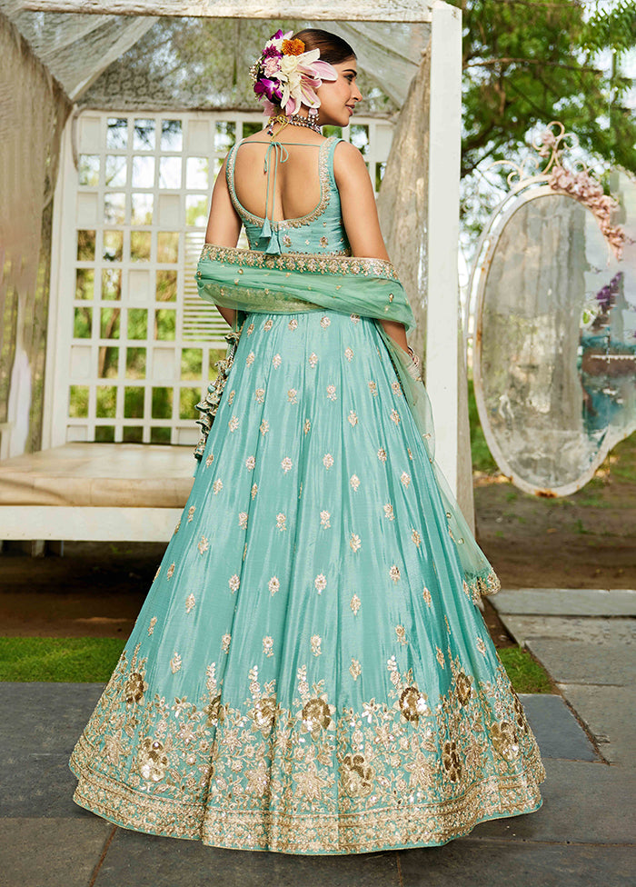 Green Blended Silk Dupatta Lehenga Set