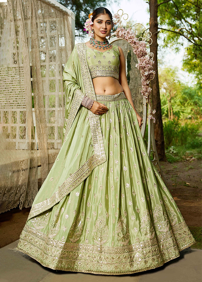 Green Blended Silk Dupatta Lehenga Set