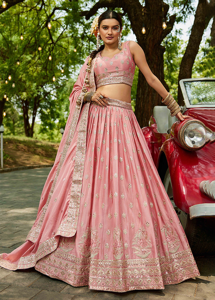 Pink Blended Silk Dupatta Lehenga Set
