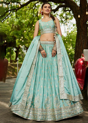 Green Blended Silk Dupatta Lehenga Set