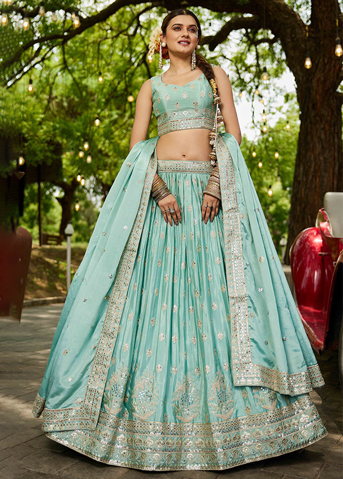 Green Blended Silk Dupatta Lehenga Set