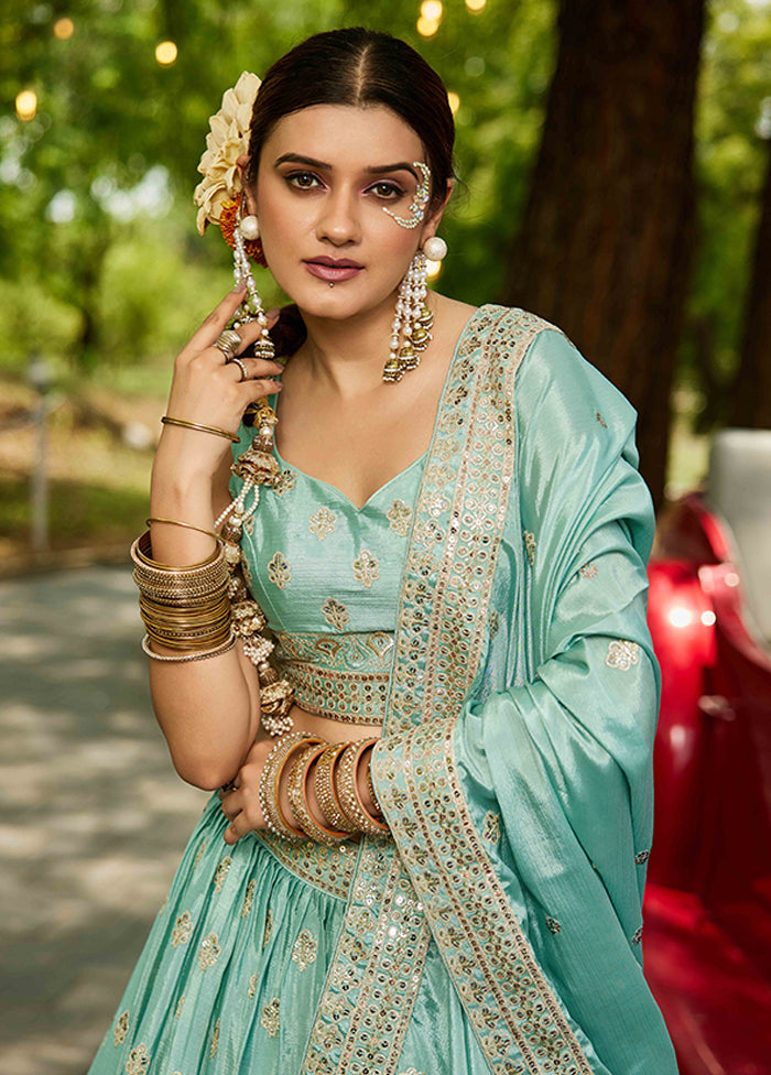 Green Blended Silk Dupatta Lehenga Set