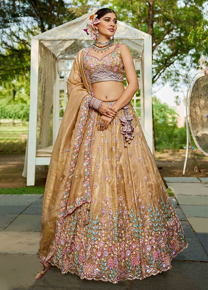 Brown Blended Silk Dupatta Lehenga Set