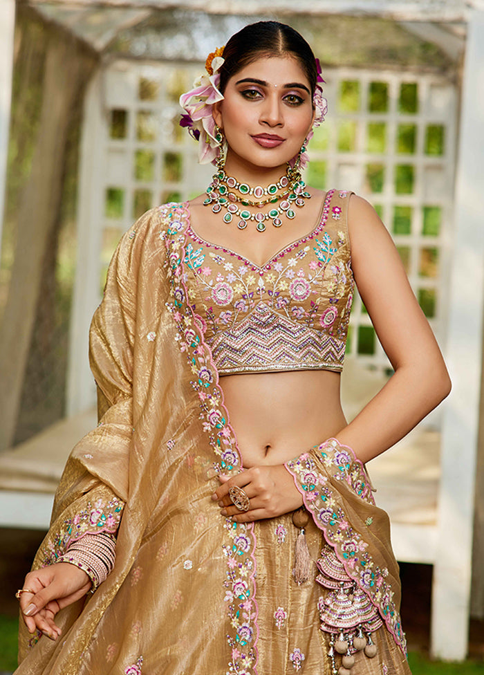 Brown Blended Silk Dupatta Lehenga Set